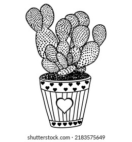 Vector image of a potted houseplant with decor with hearts in black 
