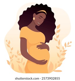 Vector image of pregnant african woman. Concept of motherhood and family with child. Element for design