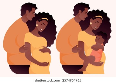 Vector image of pregnant african woman. Concept of motherhood and family with child. Element for design