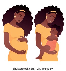 Vector image of pregnant african woman. Concept of motherhood and family with child. Element for design