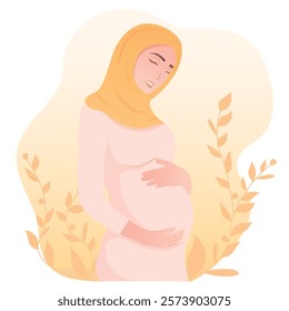 Vector image of a pregnant arab woman. Concept of motherhood and family with a child. Element for design