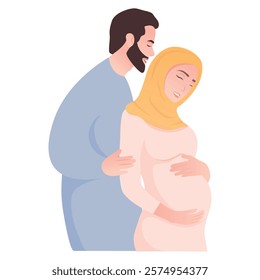 Vector image of a pregnant arab woman. Concept of motherhood and family with a child. Element for design