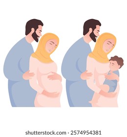 Vector image of a pregnant arab woman. Concept of motherhood and family with a child. Element for design