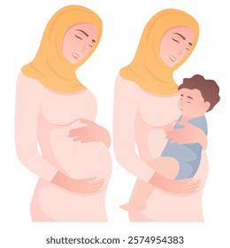 Vector image of a pregnant arab woman. Concept of motherhood and family with a child. Element for design