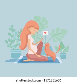 A vector image of a pregnant girl, a cat and plants in the background.