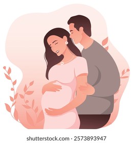 Vector image of pregnant girl with her husband. Concept of pregnancy and family with a child. Element for design