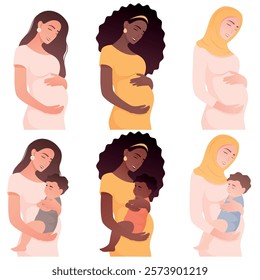 Vector image of pregnant woman. African woman, Arab woman. Concept of motherhood and family with child. Element for design