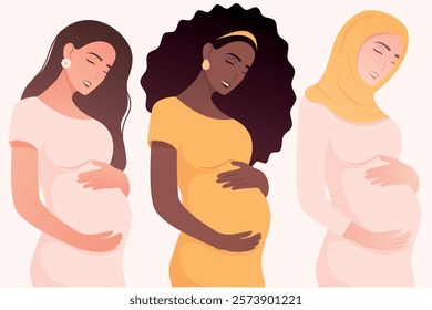 Vector image of pregnant woman. African woman, Arab woman. Concept of motherhood and family with child. Element for design