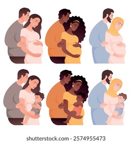 Vector image of pregnant woman. African woman, Arab woman. Concept of motherhood and family with child. Element for design