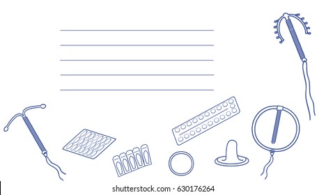 Vector image of preparations for female contraception, drawing for doctors of gynecologists,  in blue line and white background