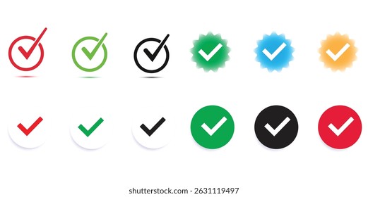 A imagem vetorial apresenta uma matriz de ícones de marca de seleção com vários estilos e cores, incluindo vermelho, verde, preto, azul e amarelo. Estes símbolos de homologação variam de forma, alguns dispostos em fundos circulares