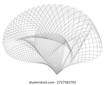 La Imagen de Vector presenta una estructura de alambre detallada y monocromática de una forma arquitectónica o estructural curvada y eloborada, situada sobre un fondo blanco crudo, su complejidad y naturaleza abstracta invitan al compromiso intelectual y pueden evocar un sentido de diseño intrincado y potencial de innovación
