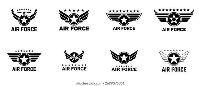 The vector image presents eight distinct variations of the air force insignia, each constructed from black silhouettes of wings, stars, and the 'AIR FORCE' inscription against a plain white backdrop.
