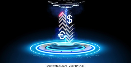 Vector image presents a futuristic concept of currency exchange, featuring vibrant neon representations of the dollar and euro symbols. symbolizing the digital transformation in the financial sector