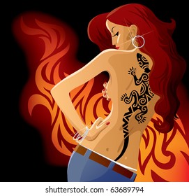 Vector image of pretty girl with lizard tattoo in front of the flame