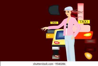 vector image of pretty girl and taxi cars