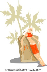 imagen vectorial de una mujer bonita en reposo con gran equipaje aislado en blanco