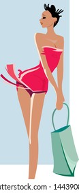 vector image of pretty slender woman with shopping bags
