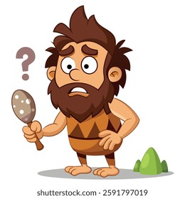 Vector Image of a Primitive Caveman in a Brown Tunic, Holding a Stone Tool and Looking Uncertain, as a Large Question Mark Appears Above His Head