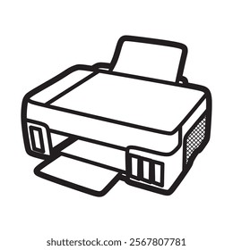vector image of a printer with ink tank, simple black and white lines, side view
