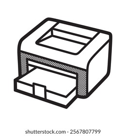 vector image of a printer with paper tray below, simple black and white lines, side view