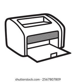 vector image of a printer with the paper tray below open, simple black and white lines, side view