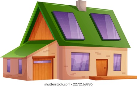 Vector image of private single story house with solar panels in cartoon style. Brick building with green roof, wooden inserts, door on transparent background concept