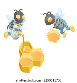 Vector image of the process of filling and sealing honeycombs. Cartoon. EPS 10