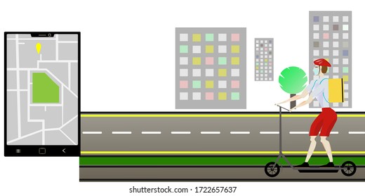 A vector image of a product delivery service executing an order in a typical city.