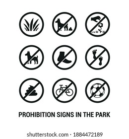 Vector image. Prohibition icons in parks. Forbidden to ride a bike, step on the grass, poop the dog, pick flowers and play ball.