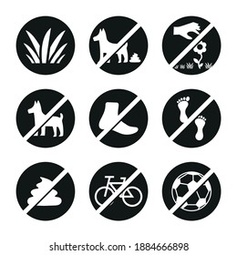 Imagen vectorial. Iconos de prohibición en parques. Prohibido montar en bicicleta, pisar el pasto, cazar el perro, recoger flores y jugar a la pelota.
