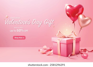 A vector image promoting Valentine's Day sales, showcasing a pink gift box adorned with a ribbon, accompanied by heart-shaped balloons. The text reads, "Exclusive Valentine's Day Gift - Up To 50% Off!