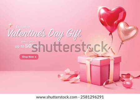 A vector image promoting Valentine's Day sales, showcasing a pink gift box adorned with a ribbon, accompanied by heart-shaped balloons. The text reads, "Exclusive Valentine's Day Gift - Up To 50% Off!