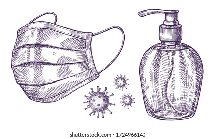 
Vector image of a protective medical mask, antiseptic and Covid-19 virus.