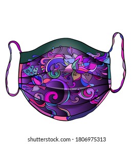 Vector image of a protective medical mask in the zentangle style, mask with a pattern in the oriental style, painted fantasia ornament