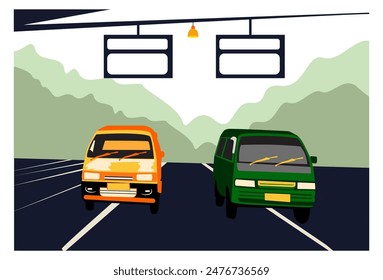 Vector Imagen de transporte público en funcionamiento, montañas y bosques en el fondo.