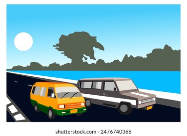 
Vector Imagen de transporte público en funcionamiento, fondo de lago, montañas y cielo azul.