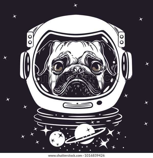 宇宙飛行士のヘルメットのパグのベクター画像 犬のポートレート Tシャツのサンプルプリント 空間のベクター画像イラスト のベクター画像素材 ロイヤリティフリー