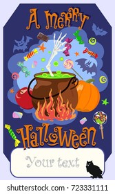 Vector image of pumpkin, bowler, hand of skeleton, candy, apple with an inscription of merry halloween, place for your text. Suitable as poster, banner, postcard for inviting to party, congratulations