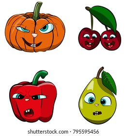 Vector image of pumpkin, cherry, pepper and pear with faces.
Contour, color and shadow on separate layers. 
Light and shadow are made with transparency. 
To change the color of the whole drawing, you 