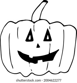 Vector image of a pumpkin with a face for Halloween. Black outline. Hand-drawn. Design of posters, postcards, invitations to the holiday, decor.