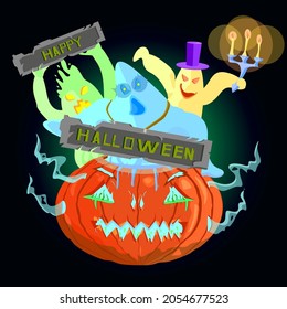 Vector image of a pumpkin with ghosts and a happy halloween inscription