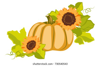 Vector image of a pumpkin with leaves. Autumn Vegetable. Isolated picture on white background. Flowers of sunflower.