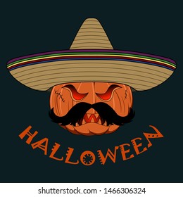 Vector image of a pumpkin with a mustache in a Mexican hat.
