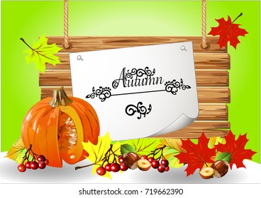 Vector image with pumpkin, nut, autumn leaves. Autumn background with frame.