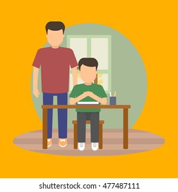 Vector image of a pupil sitting at the desk in a school at the lesson.