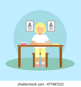 Vector image of a pupil sitting at the desk in a school at the literature lesson.