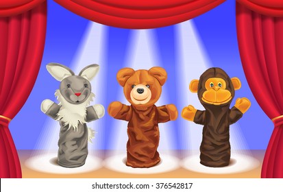 Vector image of a puppet theater. Dolls on stage illuminated by spotlights