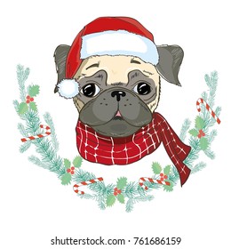 Vector image of puppy pug in Santa's hat. Dog in Santa Claus's clothes. Christmas pug card. Funny pug dog in a red Santa's cap. Cute funny character for children isolated. Simple Minimal style.