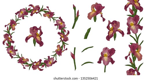 Vector image of purple iris. A wreath of flowers with green leaves. Seamless brush pattern. Isolated elements on white background. Botanical kit for design